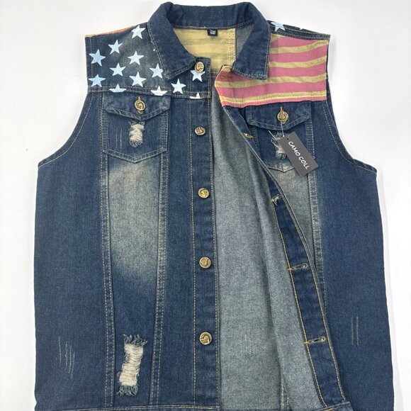 Camo Coll Denim Vest Womens Large Sleeveless Button Patriotic USA Distressed NEW - Picture 1 of 13